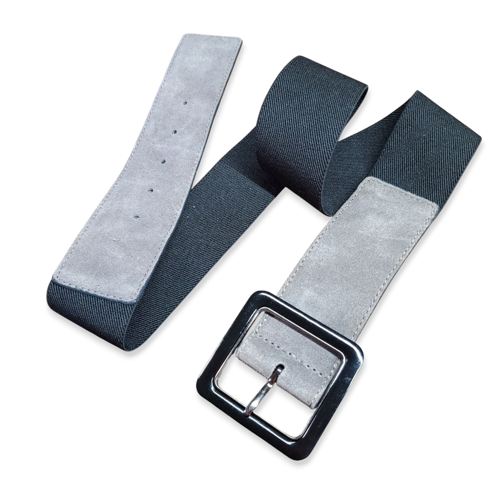 Nine West 32-44" NEW Belt M/L Grey Black Buckle Genuine Leather Elastic Waist